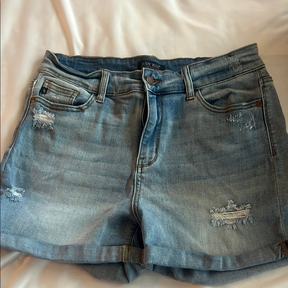 Judy Blue Blue Distressed Jean Shorts Mid-Thigh